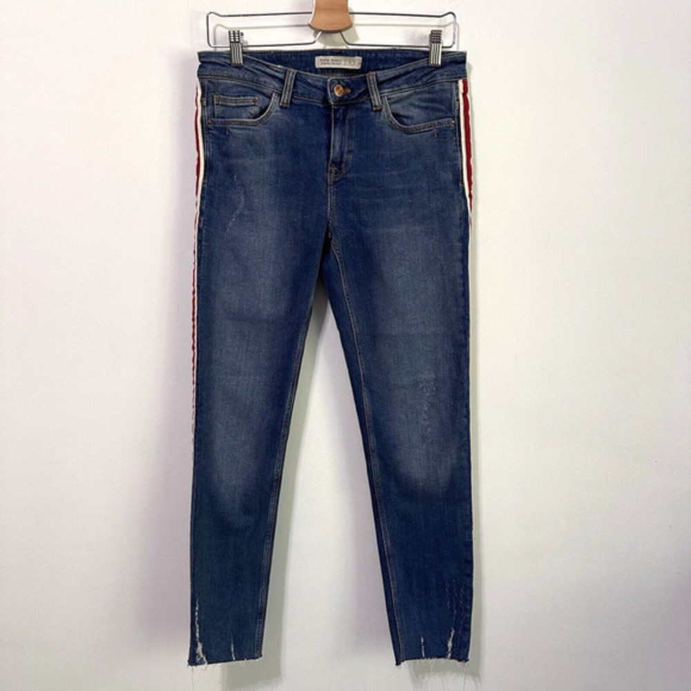 Zara Basic Distressed Jeans 8‎ Raw Cuff Cropped Red Tuxedo Stripe Stretch Skinny